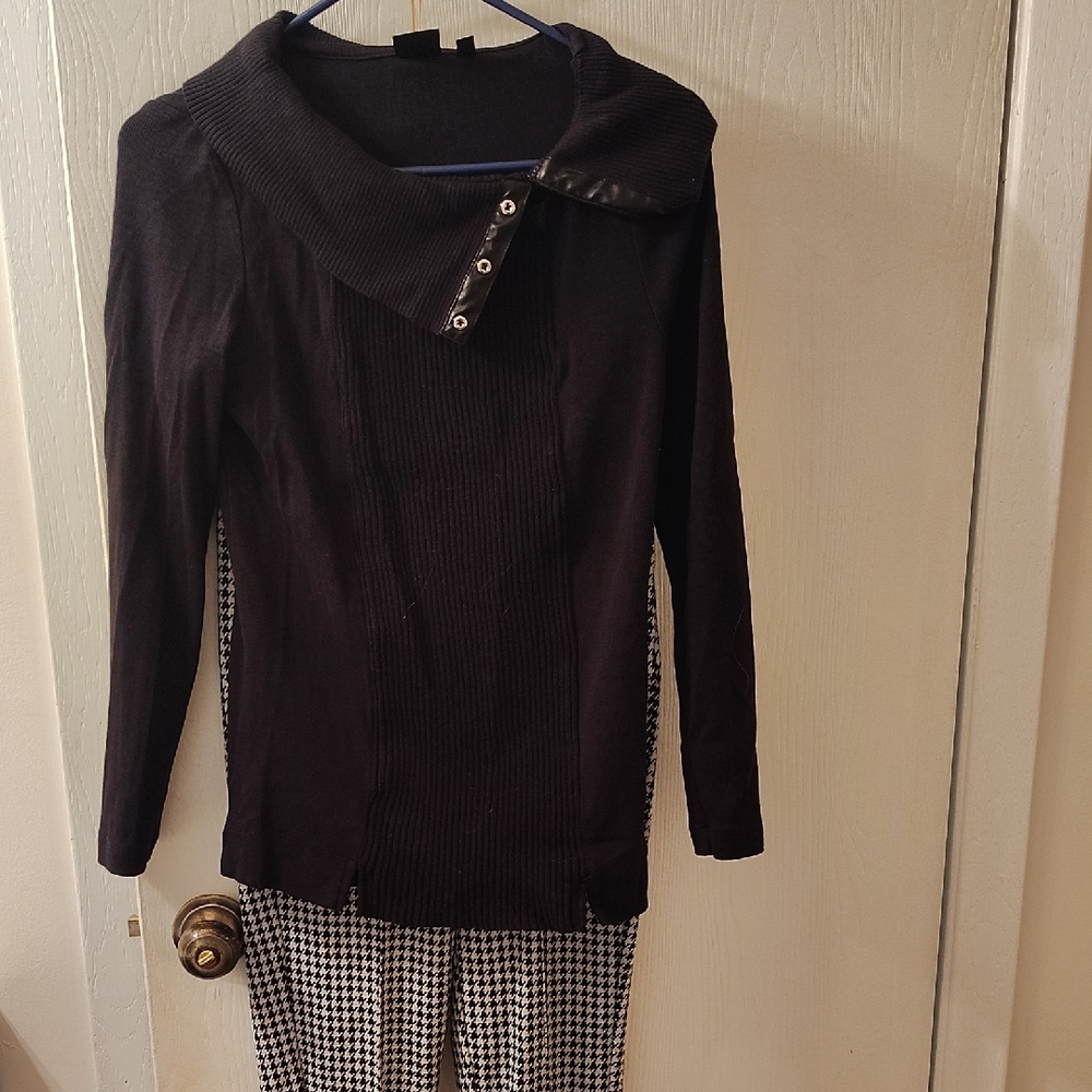 Rafaella Black Cowl Neck Sweater And Black And White Elastic Waist Pants Set.